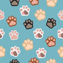 Seamless Pattern With Different Paws On Blue Background