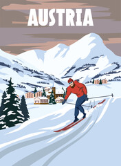 Wall Mural - Austria Ski resort poster, retro. Alpes Winter travel card