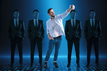 Sticker - Row of attractive european businesspeople on blue background with limelight on young guy taking a selfie. Talent search and hiring concept.