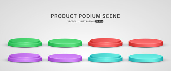 Wall Mural - Set of realistic blue, red, purple and green cylinder step pedestal podium shadow isolate in white background for scene show product display. 3D vector