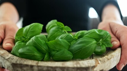 Wall Mural - Fresh green basil leaves on a wooden board in hands, close up view