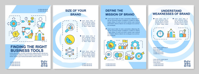 Finding right business tools blue brochure template. Brand strategy. Leaflet design with linear icons. Editable 4 vector layouts for presentation, annual reports. Arial, Myriad Pro-Regular fonts used