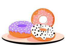 Glazed Donuts On Plate. Sweet Food. Dessert. Vector Illustration.