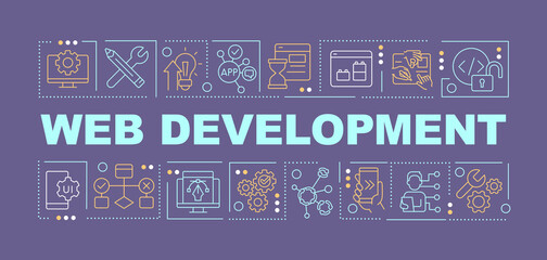 Web development word concepts dark blue banner. App production. Infographics with editable icons on color background. Isolated typography. Vector illustration with text. Arial-Black font used