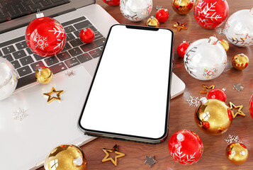 Mobile phone laying on laptop with christmas baubles and isolated screen. Mockup 3d rendering