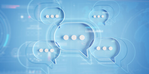 Wall Mural - Minimalist blue speech bubbles talk icons floating over background. Modern conversation or social media messages with shadow. 3D rendering