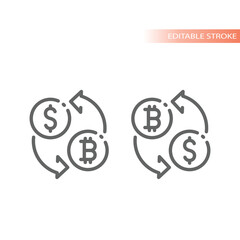 Wall Mural - Dollar to bitcoin money conversion line vector icon. Currency exchange, cryptocurrency outlined symbol.