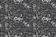 © naum - Seamless pattern with coffee. Various words, mugs and signs on coffee theme, on dark background. Texture with doodle coffee symbols, decor, hand drawn wallpaper for web, print.