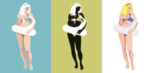 Beautiful Blonde Girl With Long Hair In A Retro Pinup Style Bikini, With A Float In The Shape Of A Swan. Modern Allegory Of Greek Mythology. Leda And The Swan. Three Version Collection.