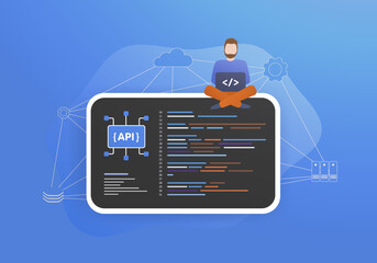 Wall Mural - API integration - connection between two applications via their APIs - application programming interfaces, that allow systems to exchange data sources. Automate system on cloud based platforms