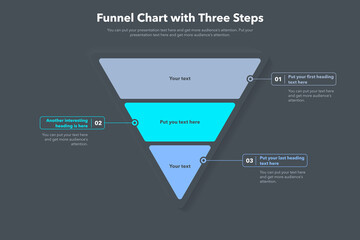 Leinwandbilder - Funnel chart template with three steps - dark version. Slide for business presentation.
