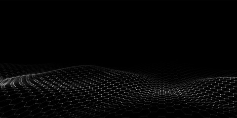Wall Mural - Futuristic hexagon dynamic wave on black background. Futuristic honeycomb concept. Digital technology webflow. Big data visualization. Vector illustration.