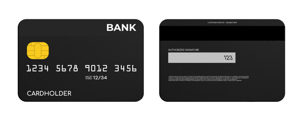 debit or credit bank card with front and back sides, vector illustration.