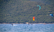 Kite Surfing Escorted By Boat At The Adriatic Sea Between Islands Peljesac And Korcula, Croatia