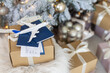 © Angelov - Christmas or New Year travel concept. Toy airplane with passports and gift boxes