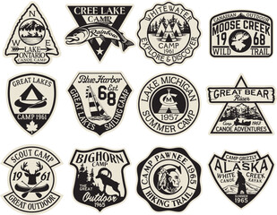vintage retro mountain lake camp and outdoor adventure badges vector collection