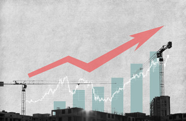 Modern art collage. Construction cranes on the background of the growth graph. The concept of success, profit in construction.