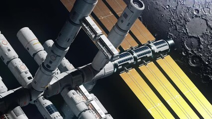 Wall Mural - flight of the space station to the moon. the concept of exploring new planets and satellites search 