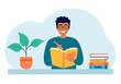 © Orapun - Young man writing diary or journal on notebook in flat design. Writer concept vector illustration. Teenage student doing homework.