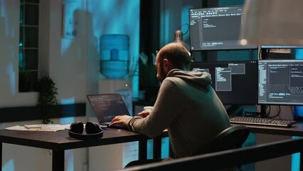 Database admin feeling tired and drained at office job, falling asleep working on html code. Exhausted sleepy man being burnout late at night and yawning, coding security server.