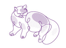Fat And Lazy Cat Line Art Vector Illustration, Linear Drawing Of Pussycat Relaxing, Minimal Outline Sketch Of Cute Domestic Pet.