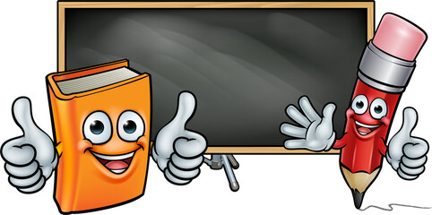 Wall Mural - Book and Pencil Mascots and Blackboard