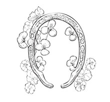 Happy Horseshoe With Clover Sketch Hand Drawn Engraving Style Vector Illustration.