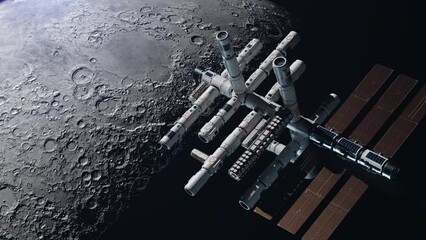 Wall Mural - large space station orbiting the moon. the concept of exploring new planets and satellites.