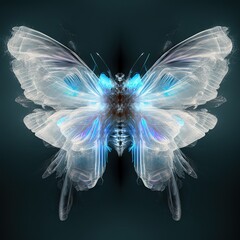 Fototapete - A digital butterfly in a futuristic polygonal style on a blue background is isolated on a gray background. 3d illustration