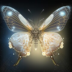 Fototapete - A digital butterfly in a futuristic polygonal style on a blue background is isolated on a gray background. 3d illustration