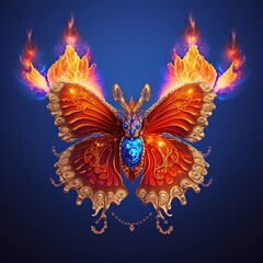 Fototapete - A digital butterfly in a futuristic polygonal style on a blue background is isolated on a gray background. 3d illustration