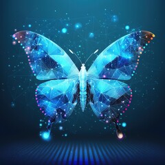 Fototapete - A digital butterfly in a futuristic polygonal style on a blue background is isolated on a gray background. 3d illustration