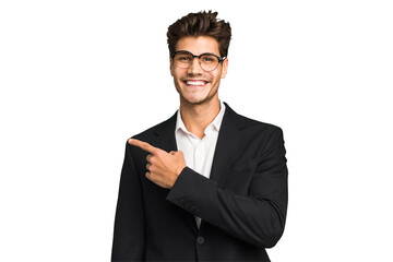 Young caucasian business man isolated smiling and pointing aside, showing something at blank space.