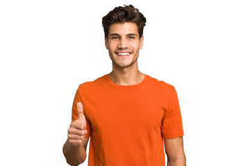 Wall Mural - Young caucasian handsome man isolated smiling and raising thumb up