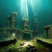 Old Temple Ruins With Weathered Columns On Sea Bottom. Destroyed Ancient City Hidden By Dark Underwater. Lost Civilization 3d Illustration