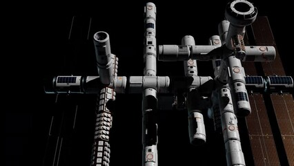 Wall Mural - space station flying in space, the concept of space technology development. video has an alpha chann