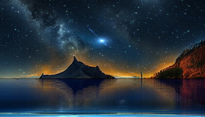Wall Mural - starry night sky at sea , nebula star fall moon milky way reflection,mountains and rock on horizont 