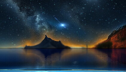 Wall Mural - starry night sky at sea , nebula star fall moon milky way reflection,mountains and rock on horizont 