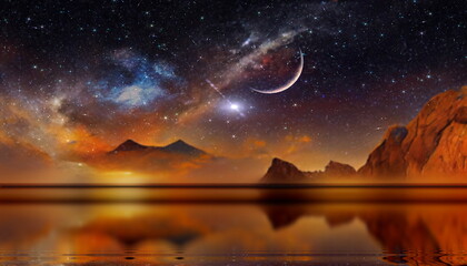 Wall Mural - starry night sky at sea , nebula star fall moon milky way reflection,mountains and rock on horizont 