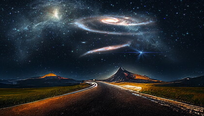 Wall Mural - starry night sky at sea , nebula star fall moon milky way reflection,mountains and rock on horizont 