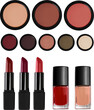 Dark Autumn makeup collection transparent PNG. Lipsticks, nail polishes, blushes and eyeshadows in deep warm colors.
