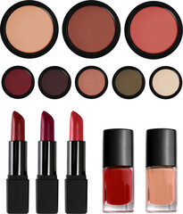 dark autumn makeup collection transparent png. lipsticks, nail polishes, blushes and eyeshadows in d