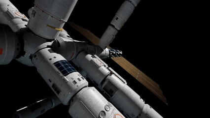 Wall Mural - space station flying in space, the concept of space technology development. video has an alpha chann