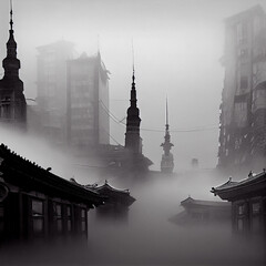 Poster - Japan town in fog