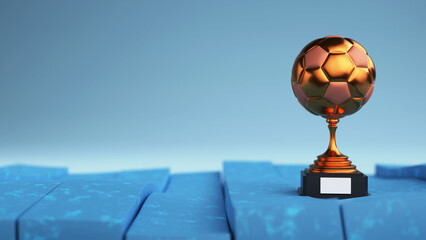 Canvas Print - 3D Render Bronze Football Trophy Cup Against Blue Foam Cube Or Square Background And Copy Space.