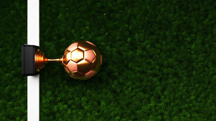 Canvas Print - Top View Of 3D Render Bronze Football Trophy Award Over Green Grass Background And Copy Space.