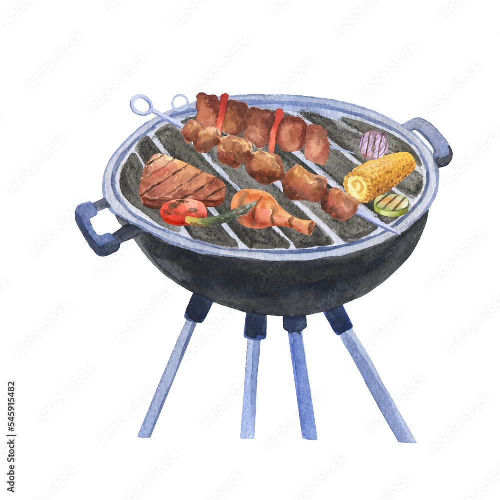 Barbecue grill with fried meat, chicken and vegetables.. Watercolor Grilled  meat. Cooked bbq isolated on white. Stock Illustration | Adobe Stock, image size:1000x1000