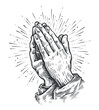 Sketchy praying hands with sunburst. Two hands in prayer pose. Worship, pray symbol. Sketch vintage vector illustration