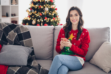 Poster - Photo of adorable satisfied pretty lady sitting comfort sofa indoors room chatting friends inviting holiday dinner enjoy lovely magic time