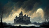 Fantasy dark castle with creepy towers at night as scary fairy tale digital illustration